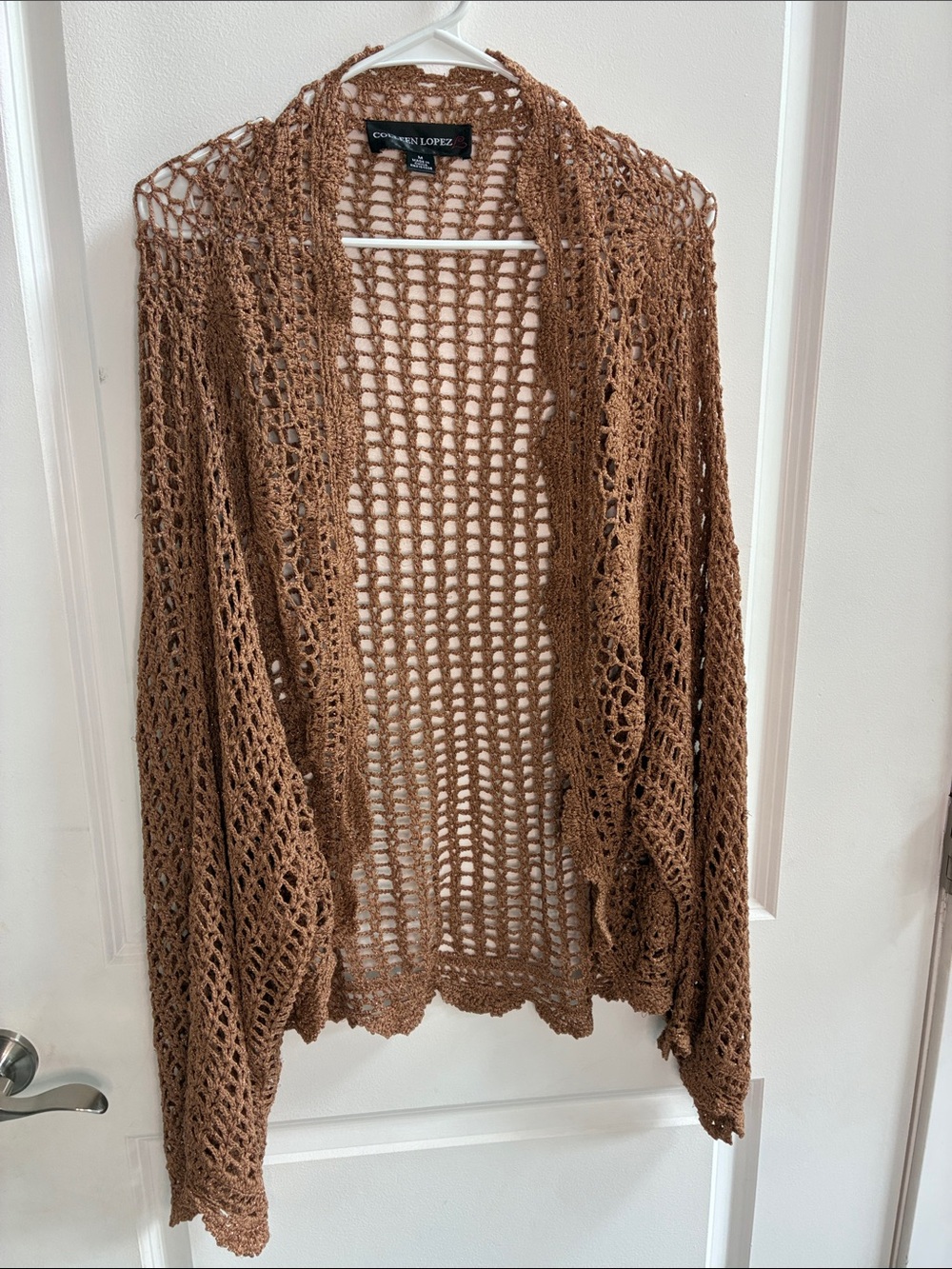 Colleen Lopez Brown Open-Weave Crochet Cardigan